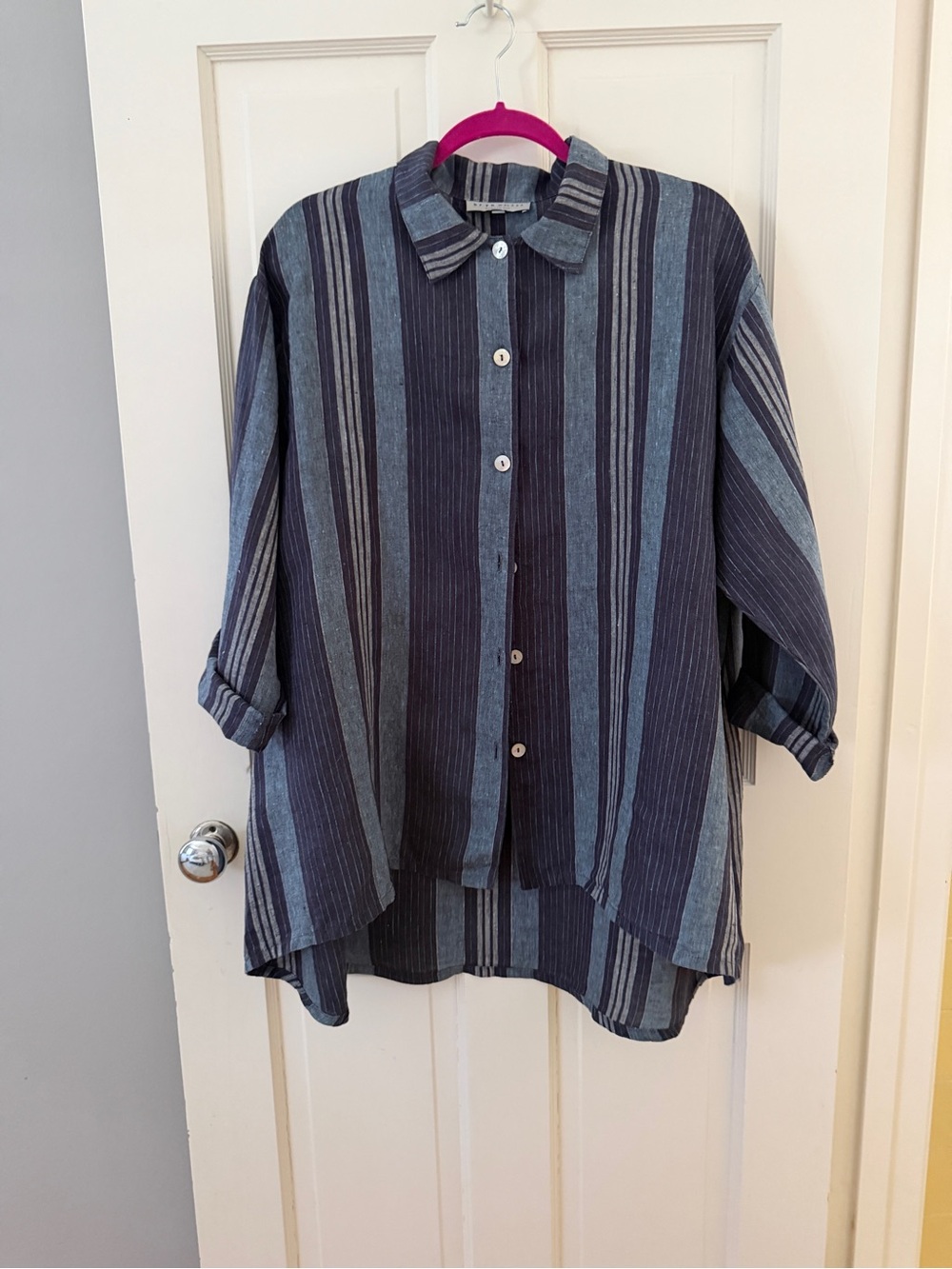 bryn Walker Women's Vertical Stripe Button-Down Shirt in Blue and Gray